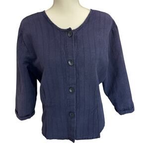 FLAX Navy Blue Textured Linen Blend Blouse Top Womens Small Breathable Natural